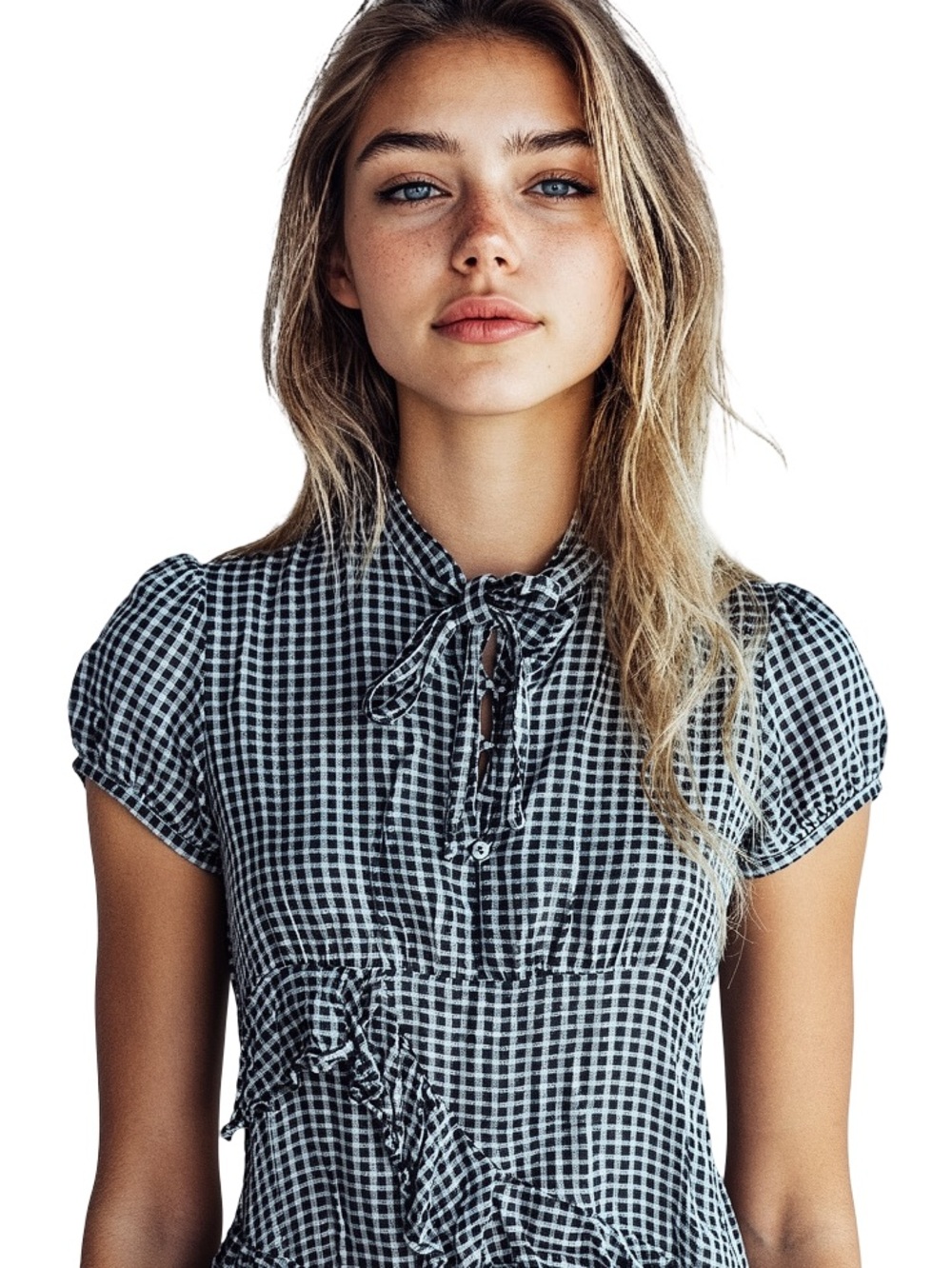 Asymmetrical Black & White Gingham Tie-Neck Dress